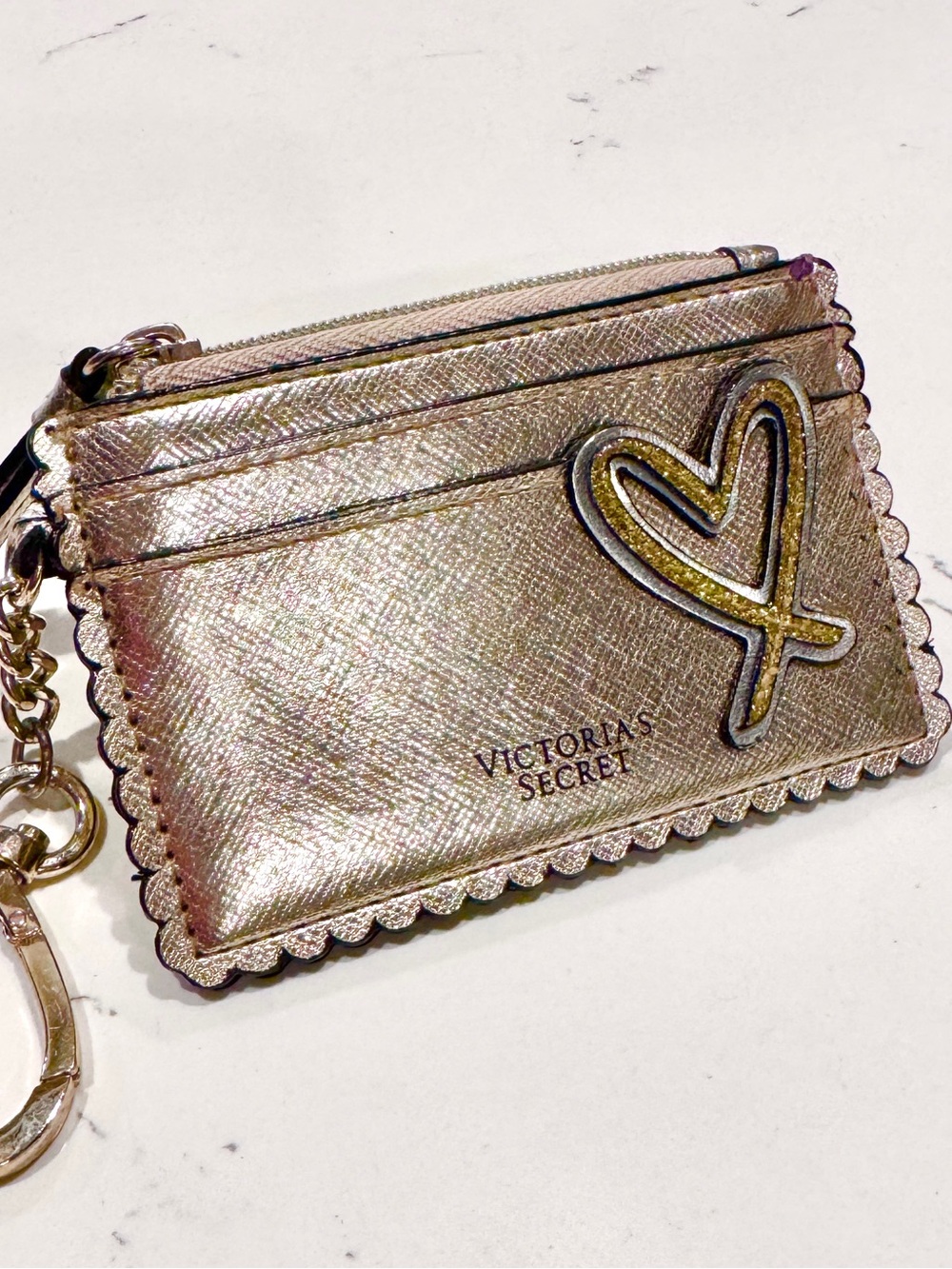 Victoria's Secret Gold Metallic Cardholder, Wallet and Heart Keychain EUC